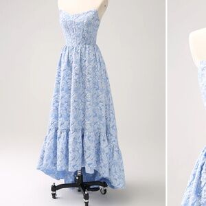 A-Line Blue Floral Strapless High Low Bridesmaids Dress